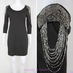 H&M scoop neck brown half-sleeve sheath mini dress beaded‎ shoulder, M